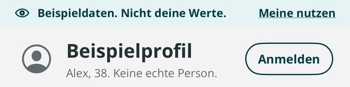 Das Band „Beispieldaten“ und das Beispielprofil von Alex, 38, keine echte Person.