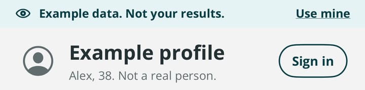 The example data ribbon and the example profile of Alex, 38, not a real person.