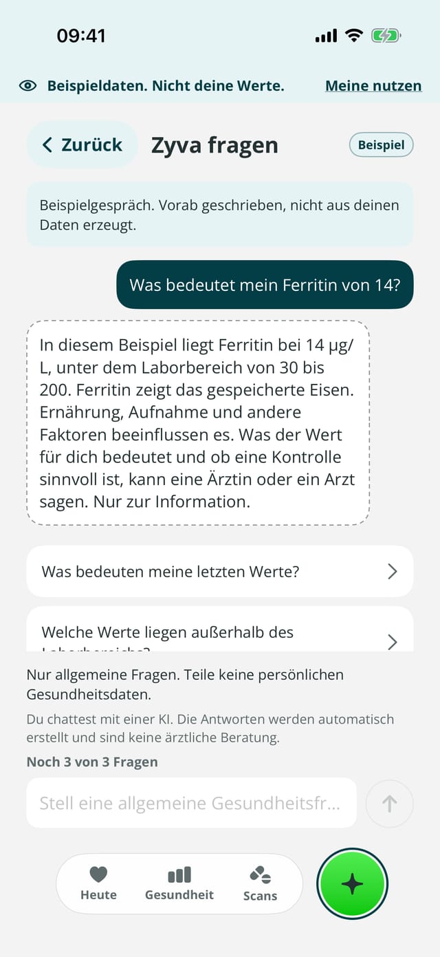 Ask Zyva mit einem vorab geschriebenen Beispielgespräch: eine Frage zu einem Ferritinwert von 14 und eine Antwort, die ihn erklärt und rät, eine Ärztin oder einen Arzt zu fragen.