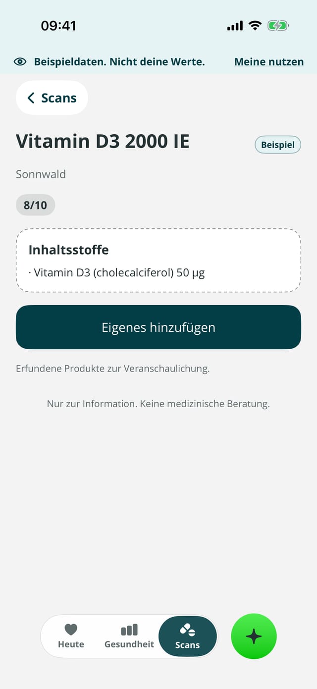 Zyva-Produktbildschirm mit Beispieldaten: das erfundene Vitamin D3 2000 IE von Sonnwald mit 8 von 10, seinen Inhaltsstoffen und dem Hinweis, dass die Produkte erfunden sind.